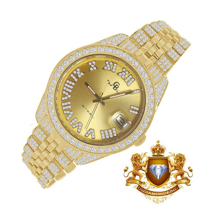 Roman Face Men's Solid Steel Solitaire Bezel 18K Yellow Gold Finish Full Iced Dial & Band Simulated Diamond Watch 42mm W/Date
