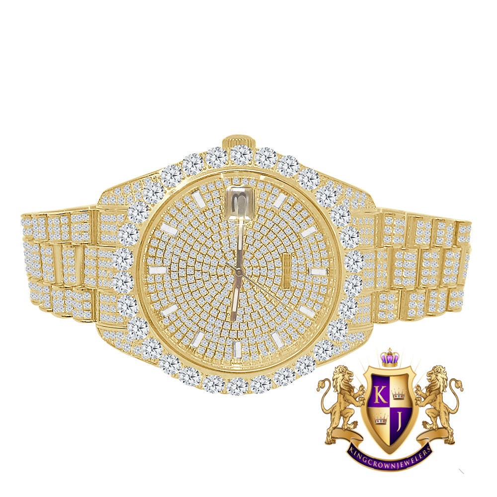 Solitaire Solid Steel Solitaire Bezel 18K Yellow Gold Finish Full Iced Dial & Band Men's Simulated Diamond Watch 42mm W/Date