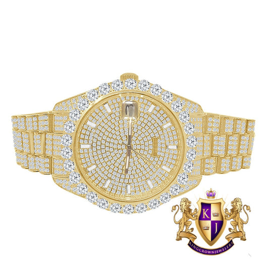 Solitaire Solid Steel Solitaire Bezel 18K Yellow Gold Finish Full Iced Dial & Band Men's Simulated Diamond Watch 42mm W/Date