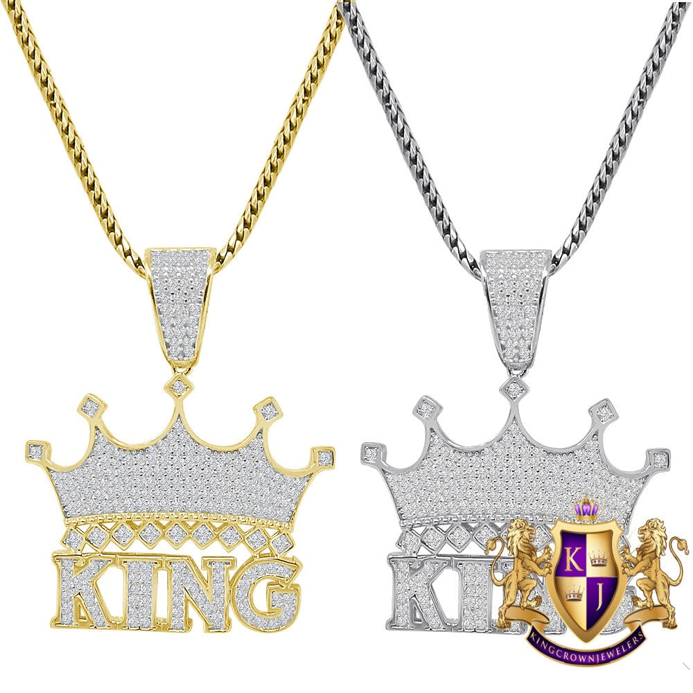 Men's Sterling Silver Simulated Diamond King Crown Charm Custom Mini 1.35'' Pendent + Free Chain