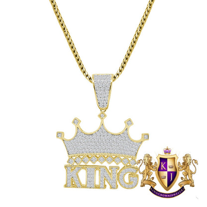 Men's Sterling Silver Simulated Diamond King Crown Charm Custom Mini 1.35'' Pendent + Free Chain
