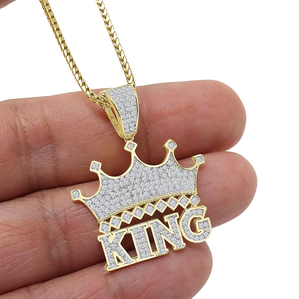 Men's Sterling Silver Simulated Diamond King Crown Charm Custom Mini 1.35'' Pendent + Free Chain