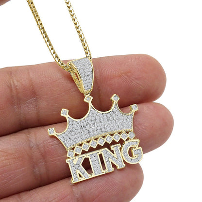 Men's Sterling Silver Simulated Diamond King Crown Charm Custom Mini 1.35'' Pendent + Free Chain