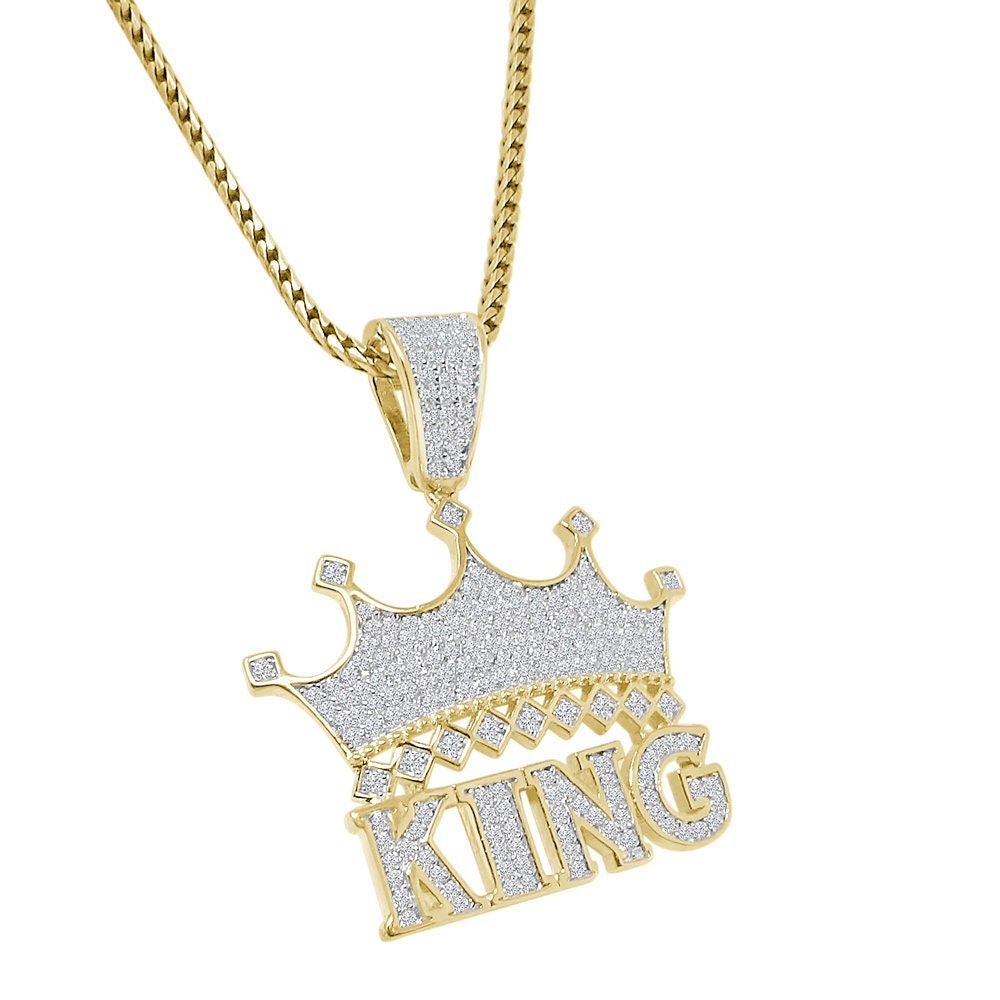 Men's Sterling Silver Simulated Diamond King Crown Charm Custom Mini 1.35'' Pendent + Free Chain