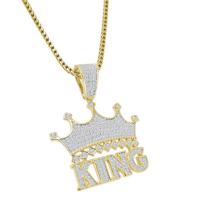 Men's Sterling Silver Simulated Diamond King Crown Charm Custom Mini 1.35'' Pendent + Free Chain