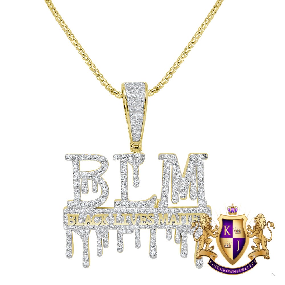 Men's 14K Gold On Real Sterling Silver Black Lives Matter Dripping Simulated Diamond Pendant Charm Chain Set