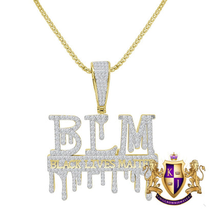 Men's 14K Gold On Real Sterling Silver Black Lives Matter Dripping Simulated Diamond Pendant Charm Chain Set