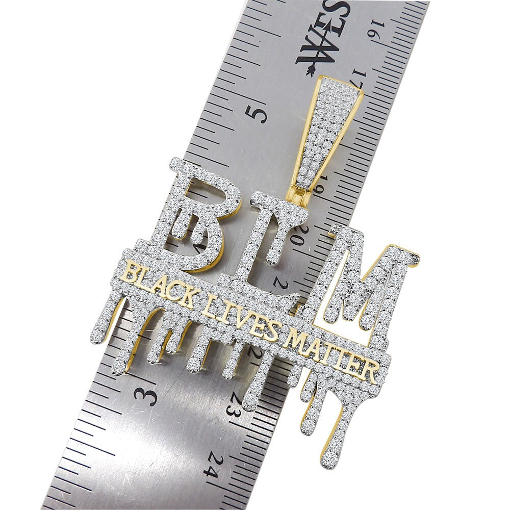 Men's 14K Gold On Real Sterling Silver Black Lives Matter Dripping Simulated Diamond Pendant Charm Chain Set
