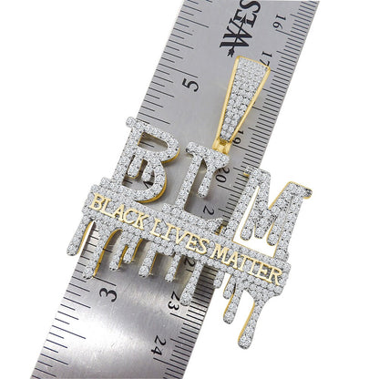 Men's 14K Gold On Real Sterling Silver Black Lives Matter Dripping Simulated Diamond Pendant Charm Chain Set