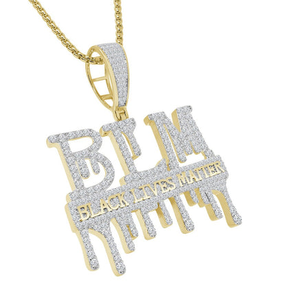 Men's 14K Gold On Real Sterling Silver Black Lives Matter Dripping Simulated Diamond Pendant Charm Chain Set