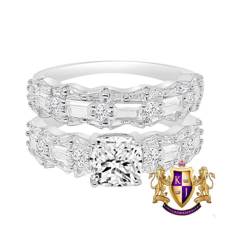 Real Sterling Silver 14K Gold Over Baguette Simulated Diamond 2 Piece Ladies Women's Wedding Engagement Bridal Rings Band Set