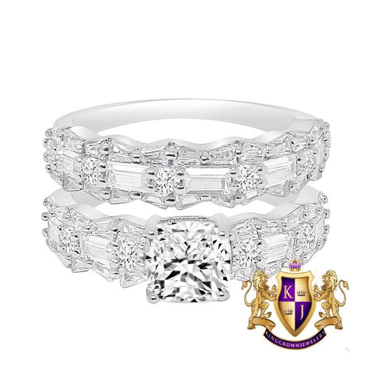 Real Sterling Silver 14K Gold Over Baguette Simulated Diamond 2 Piece Ladies Women's Wedding Engagement Bridal Rings Band Set