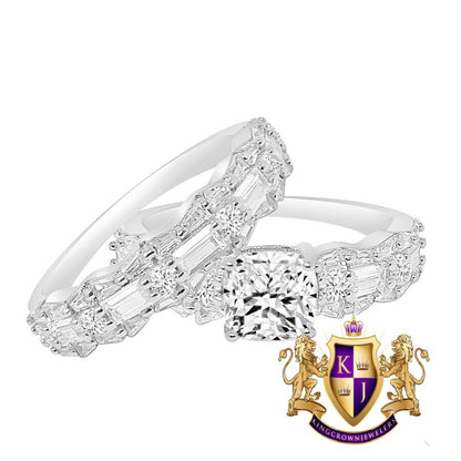Real Sterling Silver 14K Gold Over Baguette Simulated Diamond 2 Piece Ladies Women's Wedding Engagement Bridal Rings Band Set