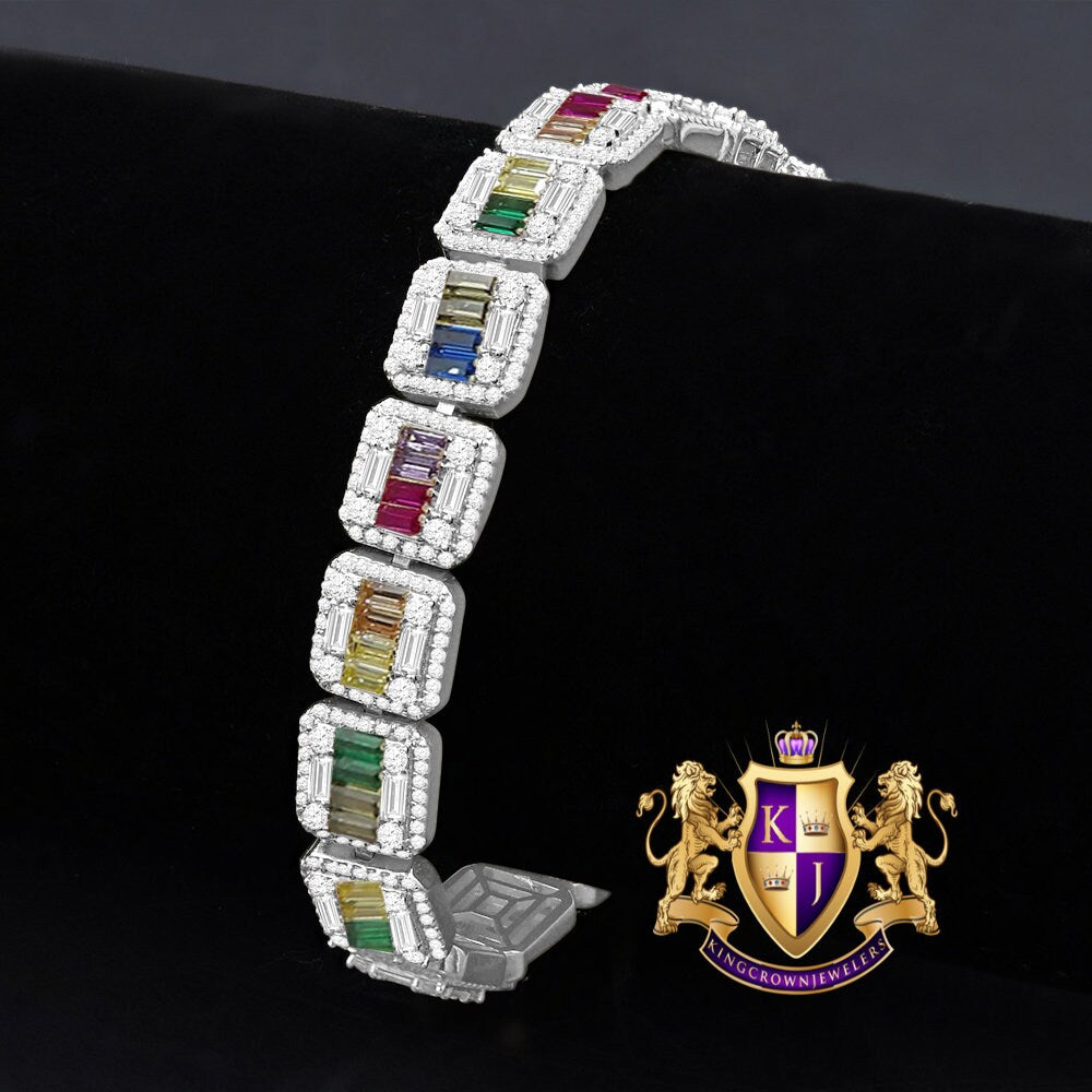 Rainbow Multi Tone Baguette Real Genuine White Gold Sterling Silver Simulated Diamond Tennis Link Bracelet 8.5'' Unisex 35+Grams