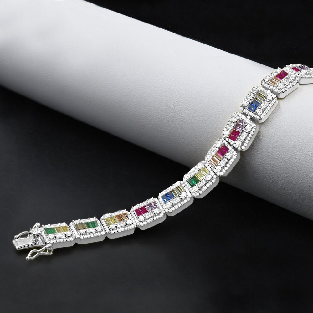 Rainbow Multi Tone Baguette Real Genuine White Gold Sterling Silver Simulated Diamond Tennis Link Bracelet 8.5'' Unisex 35+Grams