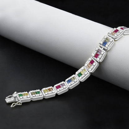 Rainbow Multi Tone Baguette Real Genuine White Gold Sterling Silver Simulated Diamond Tennis Link Bracelet 8.5'' Unisex 35+Grams