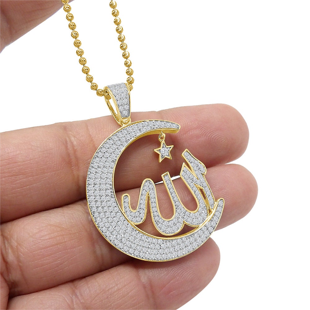 Real Sterling Silver Allah God Muslim Islamic Arabic Crescent Moon and Star Charm 2.00 Cwt. Simulated Diamond 14K Gold On Pendant Chain Set