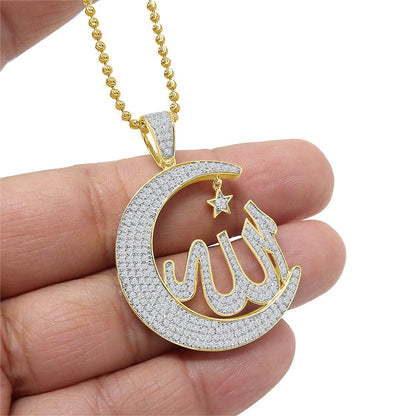Real Sterling Silver Allah God Muslim Islamic Arabic Crescent Moon and Star Charm 2.00 Cwt. Simulated Diamond 14K Gold On Pendant Chain Set