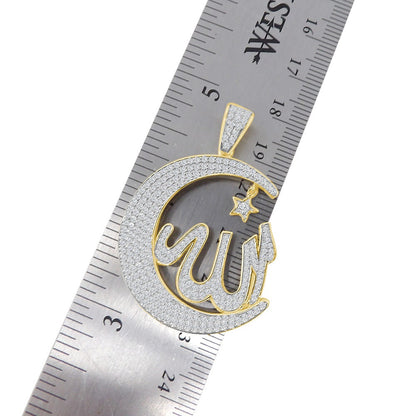 Real Sterling Silver Allah God Muslim Islamic Arabic Crescent Moon and Star Charm 2.00 Cwt. Simulated Diamond 14K Gold On Pendant Chain Set