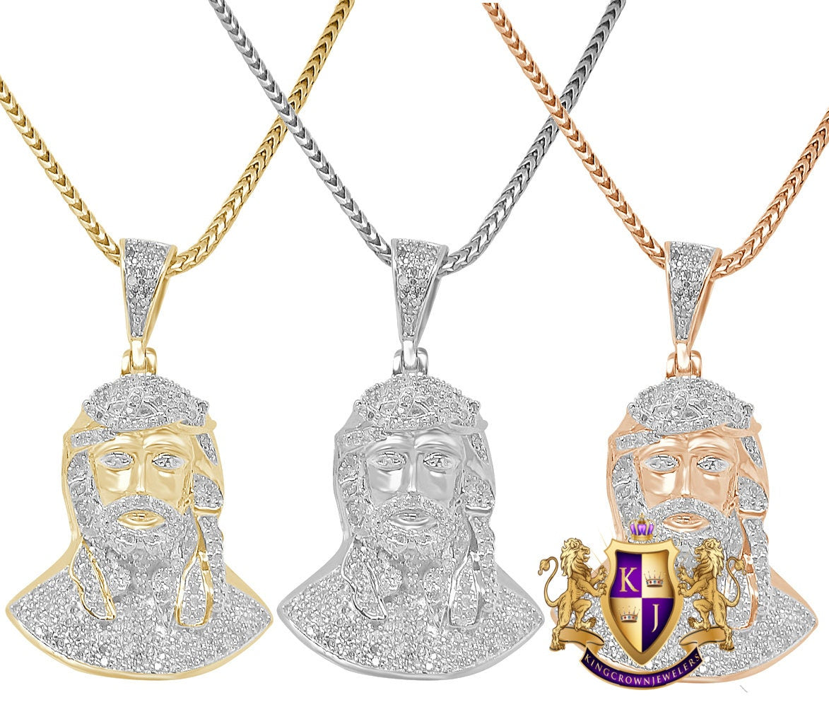 Real Genuine Diamond 1.00 Cwt. Jesus Face Piece 10K Gold Over Mini Small Charm Pendent Chain Set 1.55''