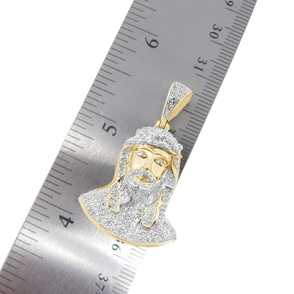Real Genuine Diamond 1.00 Cwt. Jesus Face Piece 10K Gold Over Mini Small Charm Pendent Chain Set 1.55''