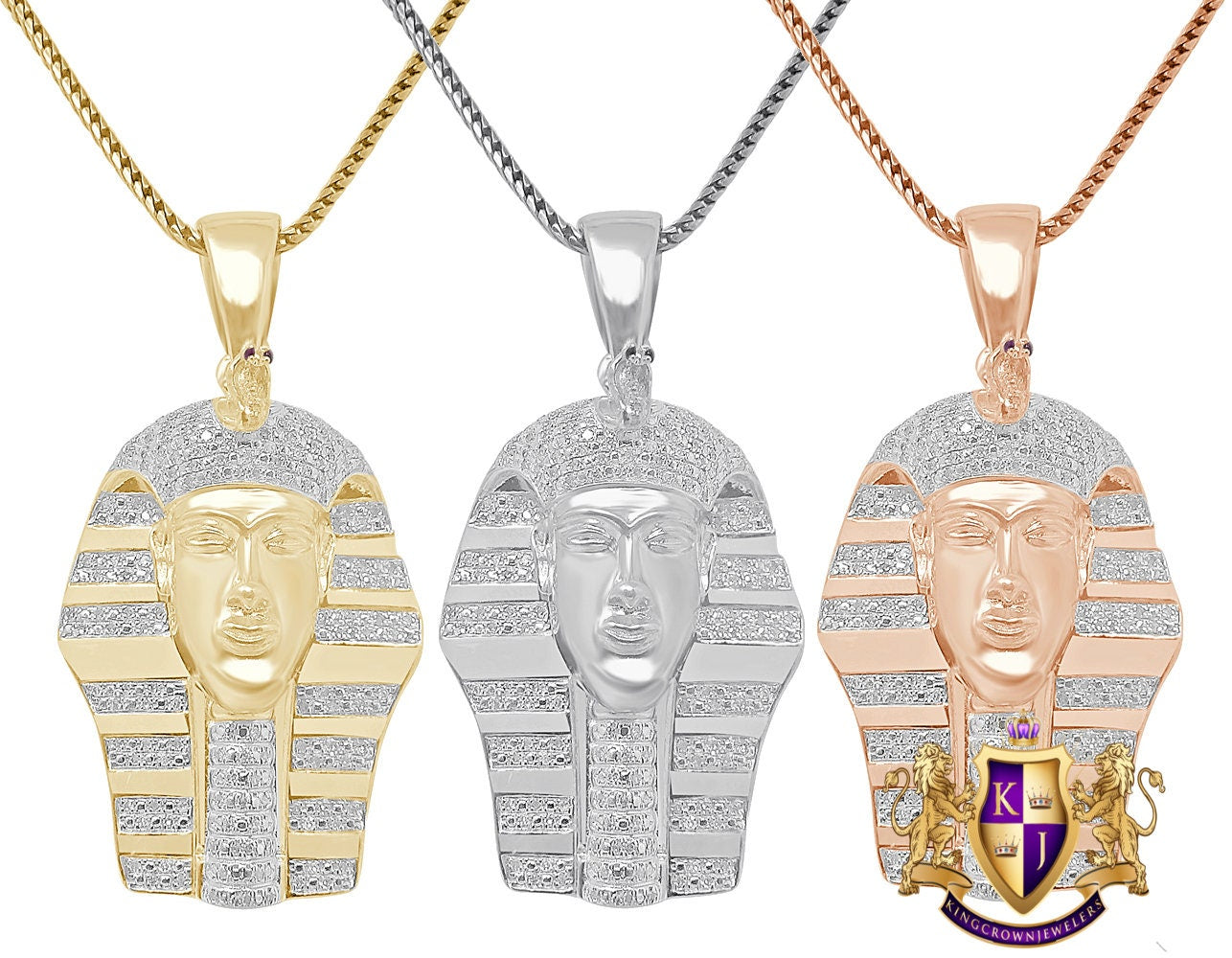 Real Genuine Diamond 0.60 Cwt. Egyptian King Tut Pharaoh 10K Gold Over Small Charm Pendent Chain Set 2''