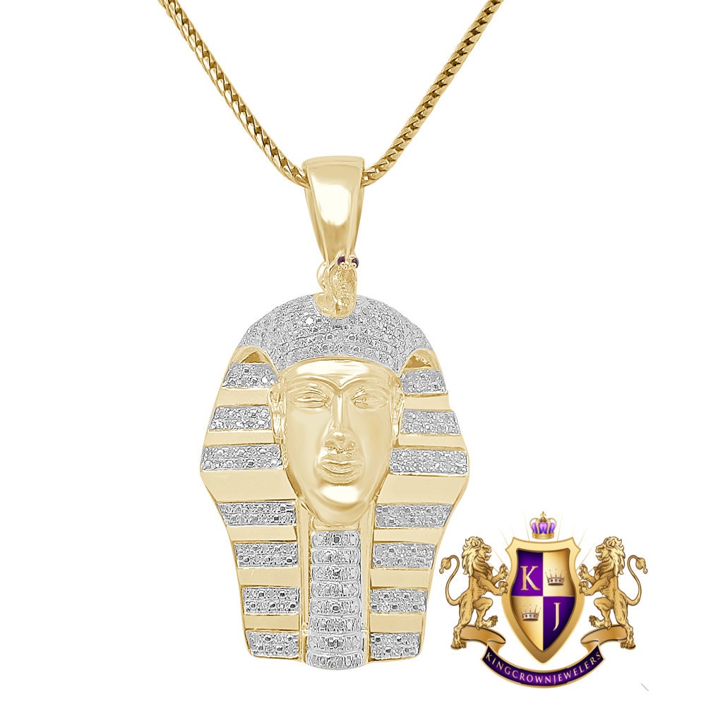 Real Genuine Diamond 0.60 Cwt. Egyptian King Tut Pharaoh 10K Gold Over Small Charm Pendent Chain Set 2''