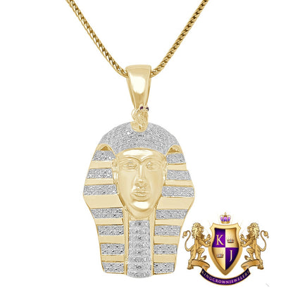 Real Genuine Diamond 0.60 Cwt. Egyptian King Tut Pharaoh 10K Gold Over Small Charm Pendent Chain Set 2''