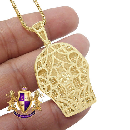 Real Genuine Diamond 0.60 Cwt. Egyptian King Tut Pharaoh 10K Gold Over Small Charm Pendent Chain Set 2''