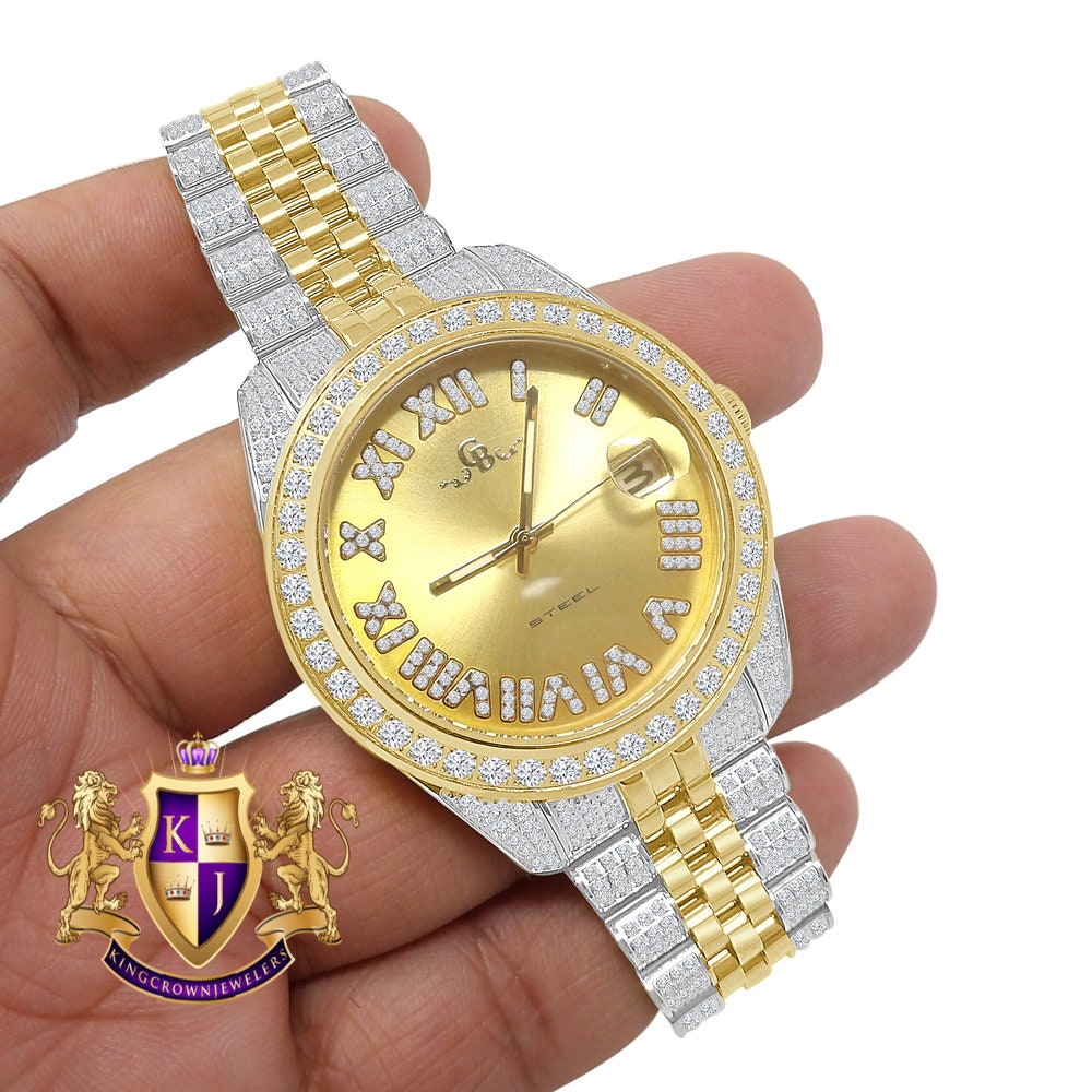 Roman Face Men's Solid Steel Solitaire Bezel 18K 2 Tone Gold Finish Full Iced Dial & Band Simulated Diamond Watch 42mm W/Date