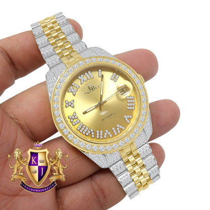 Roman Face Men's Solid Steel Solitaire Bezel 18K 2 Tone Gold Finish Full Iced Dial & Band Simulated Diamond Watch 42mm W/Date