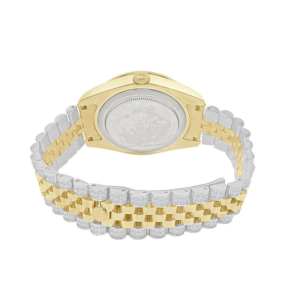 Roman Face Men's Solid Steel Solitaire Bezel 18K 2 Tone Gold Finish Full Iced Dial & Band Simulated Diamond Watch 42mm W/Date