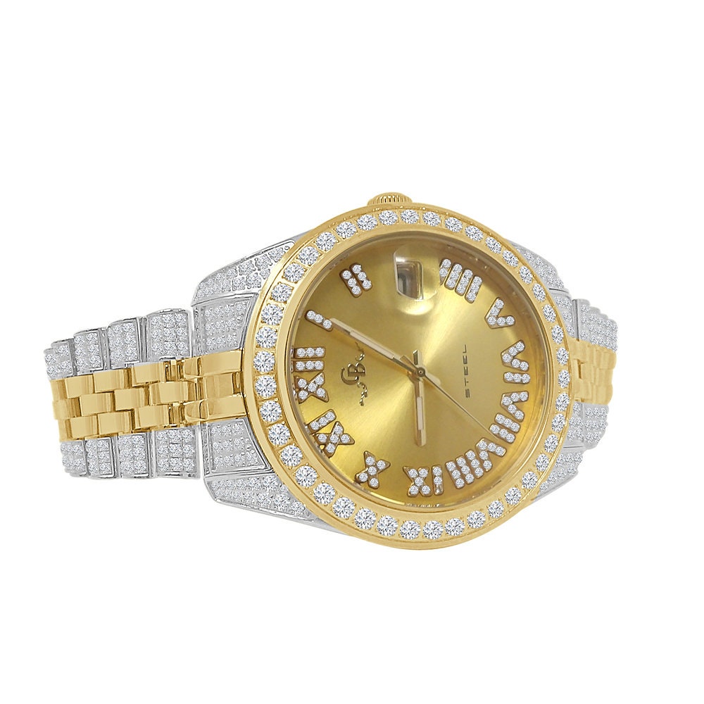 Roman Face Men's Solid Steel Solitaire Bezel 18K 2 Tone Gold Finish Full Iced Dial & Band Simulated Diamond Watch 42mm W/Date