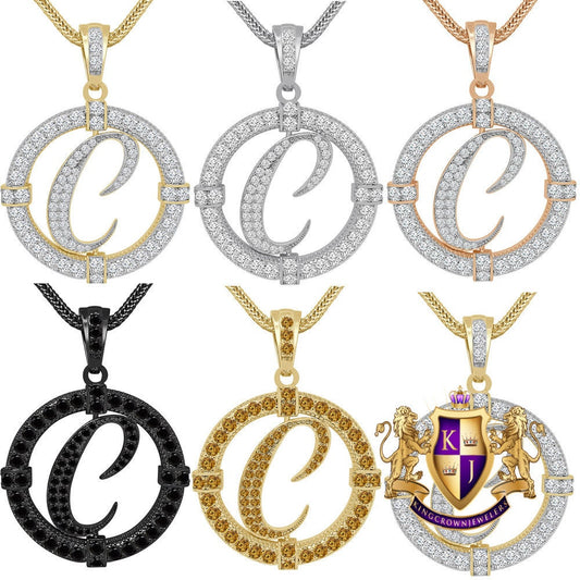 Solitaire Men's Big 2.75'' 14k Gold Over Round Medallion Initial Letter Alphabet "C" Charm Pendent Chain Set 39 + Grams