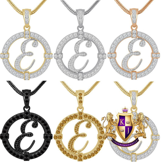 Solitaire Men's Big 2.75'' 14k Gold Over Round Medallion Cursive Initial Letter Alphabet "E" Charm Pendent Chain Set 39 + Grams