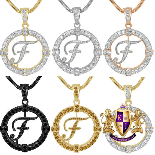 Solitaire Men's Big 2.75'' 14k Gold Over Round Medallion Cursive Initial Letter Alphabet "F" Charm Pendent Chain Set 39 + Grams