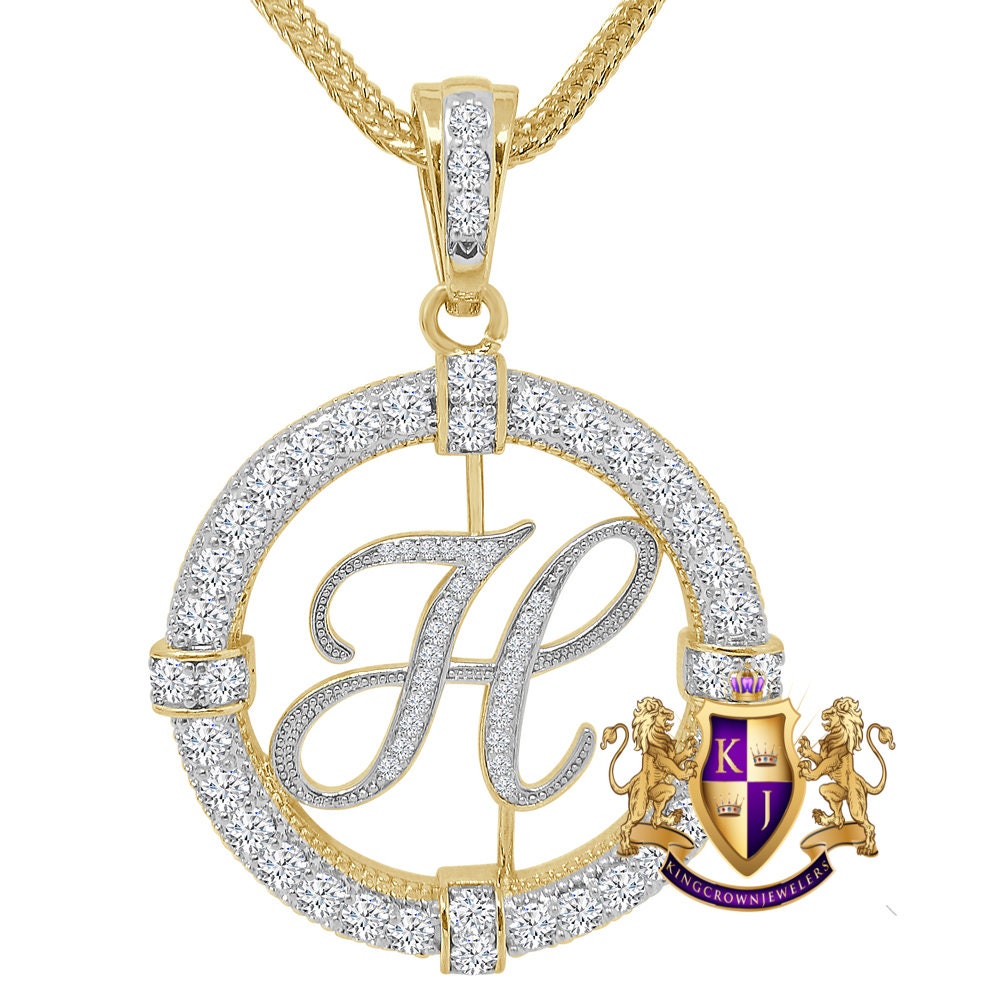 Solitaire Men's Big 2.75'' 14k Gold Over Round Medallion Cursive Initial Letter Alphabet "H" Charm Pendent Chain Set 39 + Grams