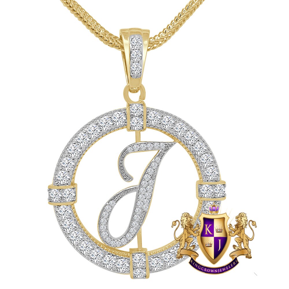 Solitaire Men's Big 2.75'' 14k Gold Over Round Medallion Cursive Initial Letter Alphabet "J" Charm Pendent Chain Set 39 + Grams