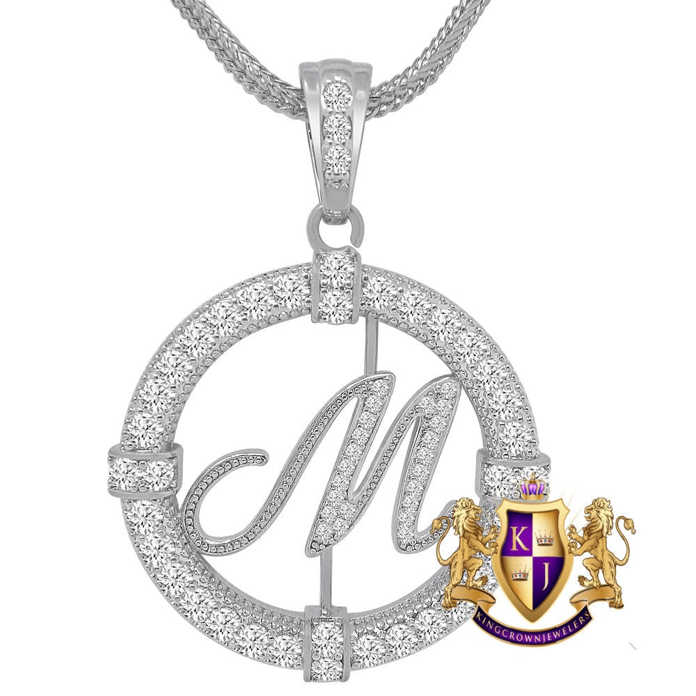 Solitaire Men's Big 2.75'' 14k Gold Over Round Medallion Cursive Initial Letter Alphabet "M" Charm Pendent Chain Set 39 + Grams
