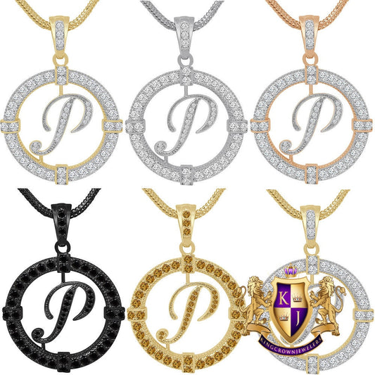 Solitaire Men's Big 2.75'' 14k Gold Over Round Medallion Cursive Initial Letter Alphabet "P" Charm Pendent Chain Set 39 + Grams
