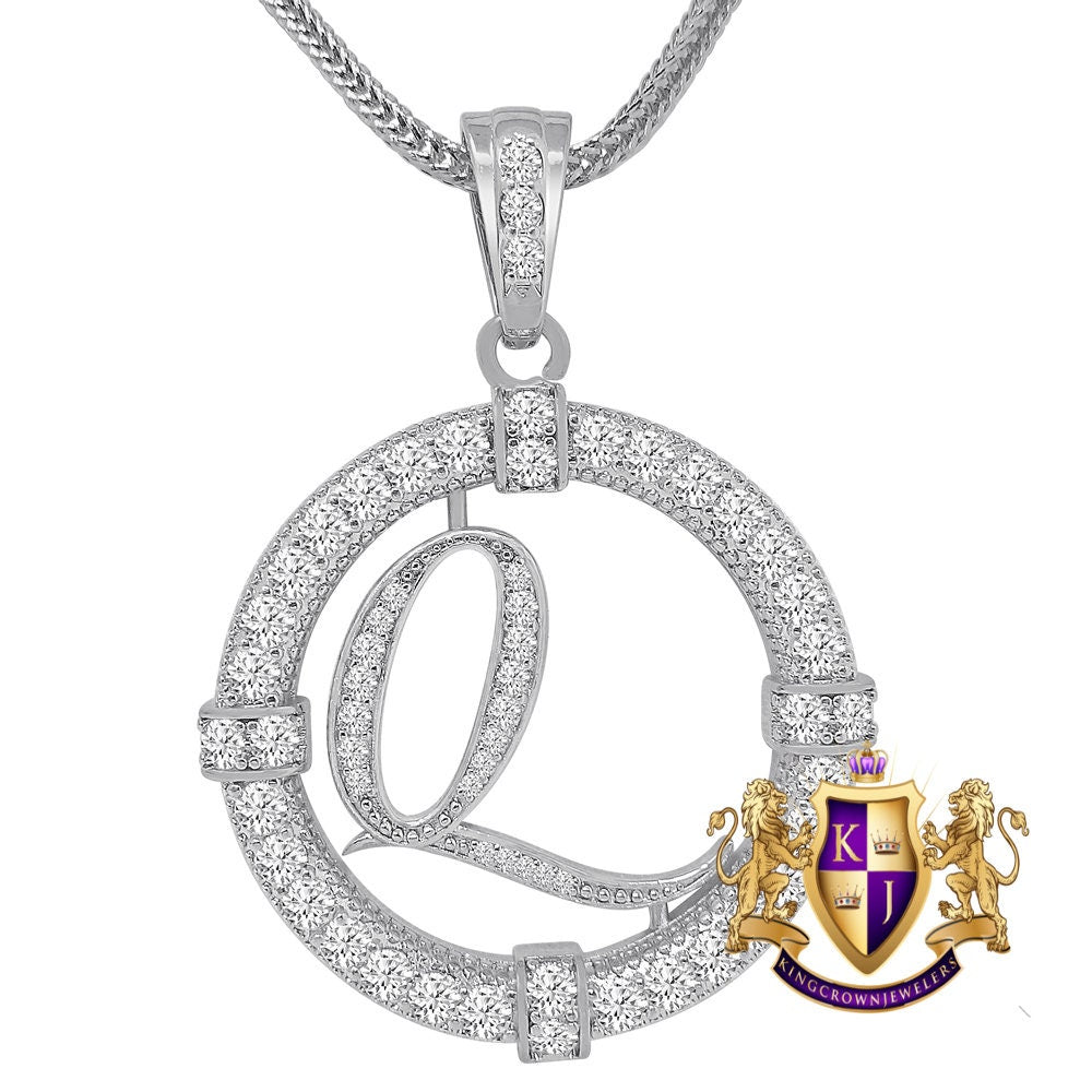 Solitaire Men's Big 2.75'' 14k Gold Over Round Medallion Cursive Initial Letter Alphabet "Q" Charm Pendent Chain Set 39 + Grams