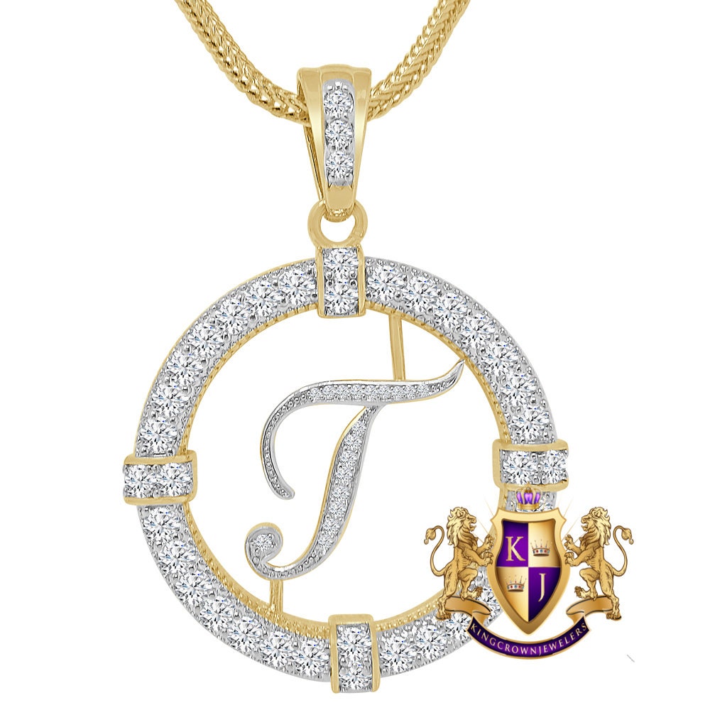 Solitaire Men's Big 2.75'' 14k Gold Over Round Medallion Cursive Initial Letter Alphabet "T" Charm Pendent Chain Set 39 + Grams