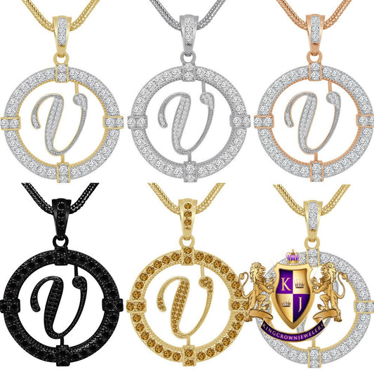 Solitaire Men's Big 2.75'' 14k Gold Over Round Medallion Cursive Initial Letter Alphabet "V" Charm Pendent Chain Set 39 + Grams