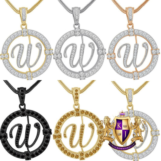 Solitaire Men's Big 2.75'' 14k Gold Over Round Medallion Cursive Initial Letter Alphabet "W" Charm Pendent Chain Set 39 + Grams
