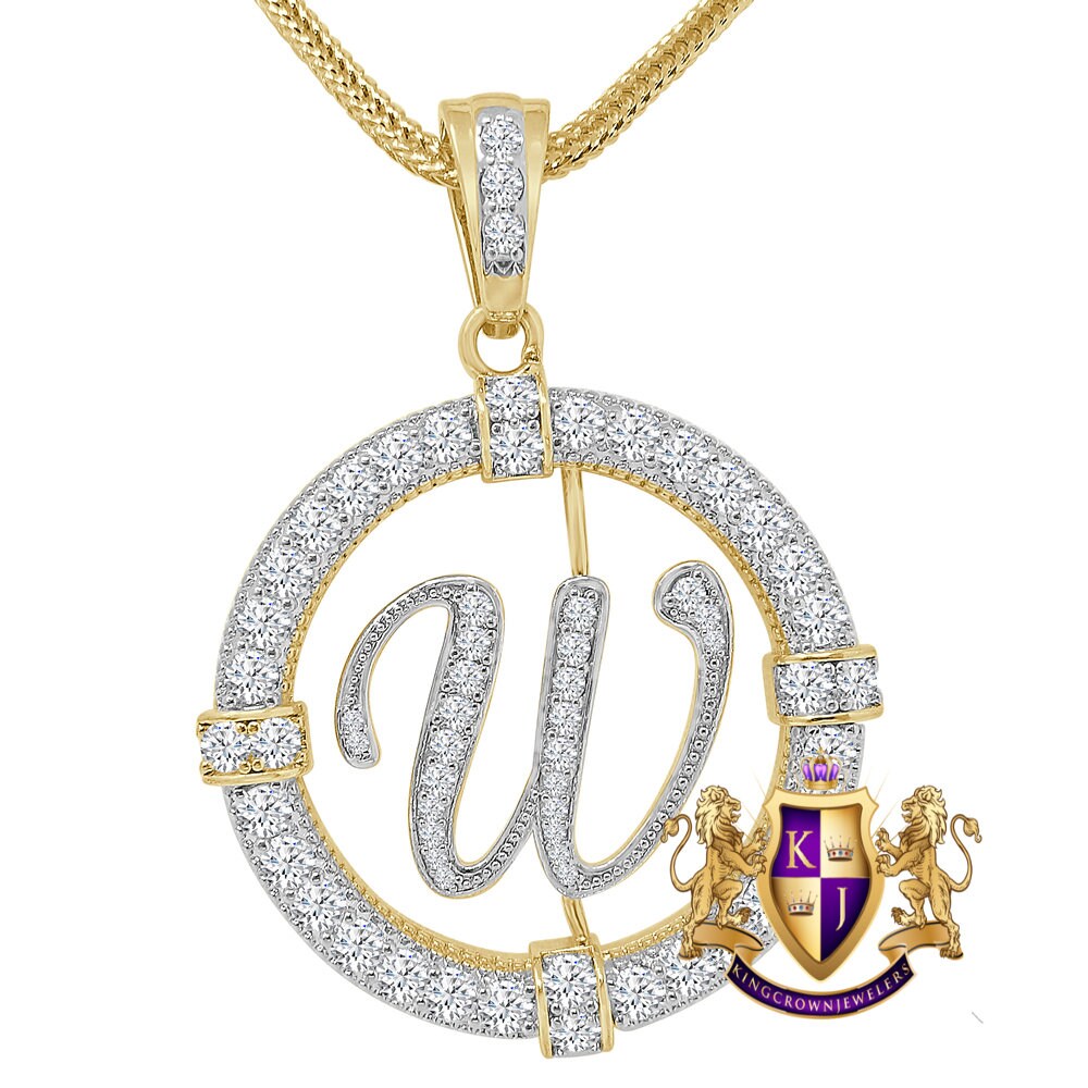 Solitaire Men's Big 2.75'' 14k Gold Over Round Medallion Cursive Initial Letter Alphabet "W" Charm Pendent Chain Set 39 + Grams