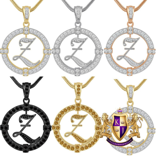 Solitaire Men's Big 2.75'' 14k Gold Over Round Medallion Cursive Initial Letter Alphabet "Z" Charm Pendent Chain Set 39 + Grams
