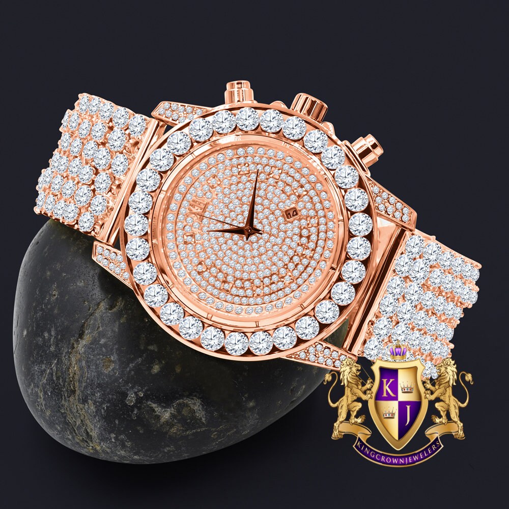 Fully Iced 18k Rose Gold Finish Simulated Diamond Custom Band Men's Luxury Watch 48mm W/Date