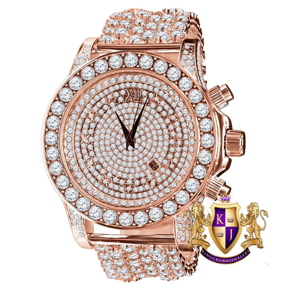 Fully Iced 18k Rose Gold Finish Simulated Diamond Custom Band Men's Luxury Watch 48mm W/Date