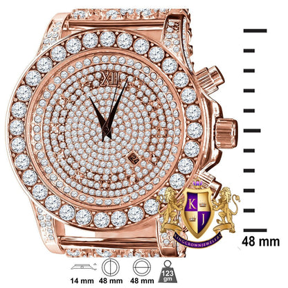 Fully Iced 18k Rose Gold Finish Simulated Diamond Custom Band Men's Luxury Watch 48mm W/Date