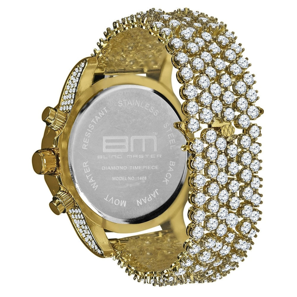 Fully Iced 18k Gold Finish Simulated Diamond Custom Band Men's Luxury Watch 48mm W/Date